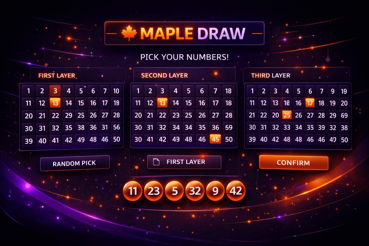 Maple Draw interactive learning format showing multi-layer number selection from 1 to 49